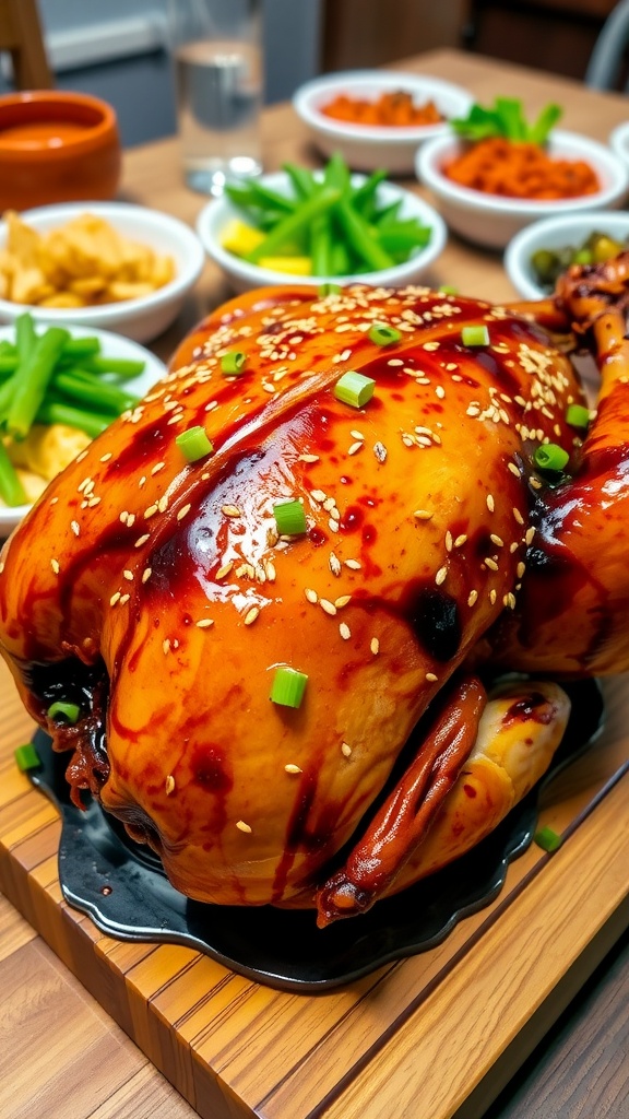 A golden-brown sesame and soy glazed turkey on a cutting board, garnished with sesame seeds and green onions.